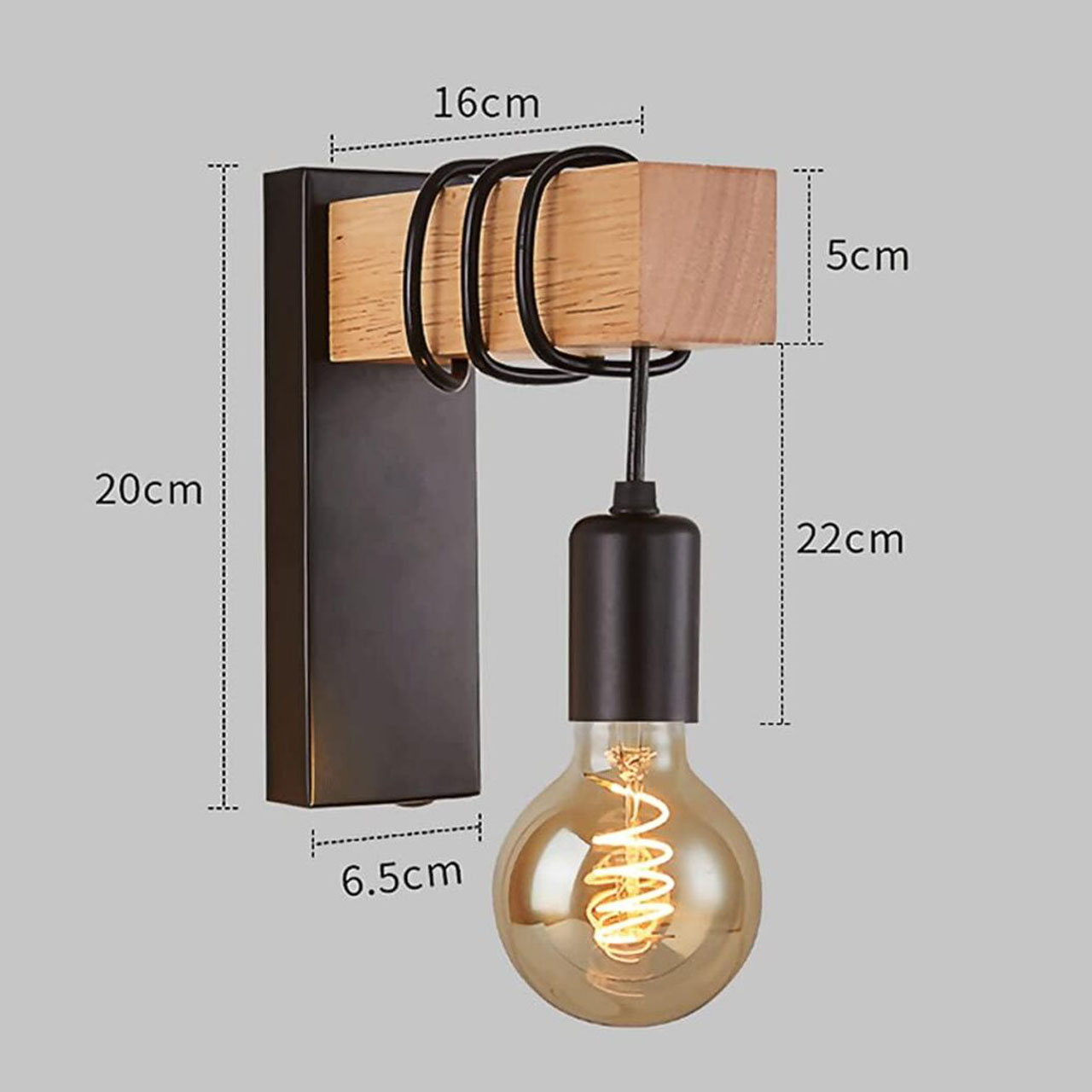 Lustre LED LBZ-00260 05 Aplică vintage de perete cu lemn, soclu E27, design industrial, neagră