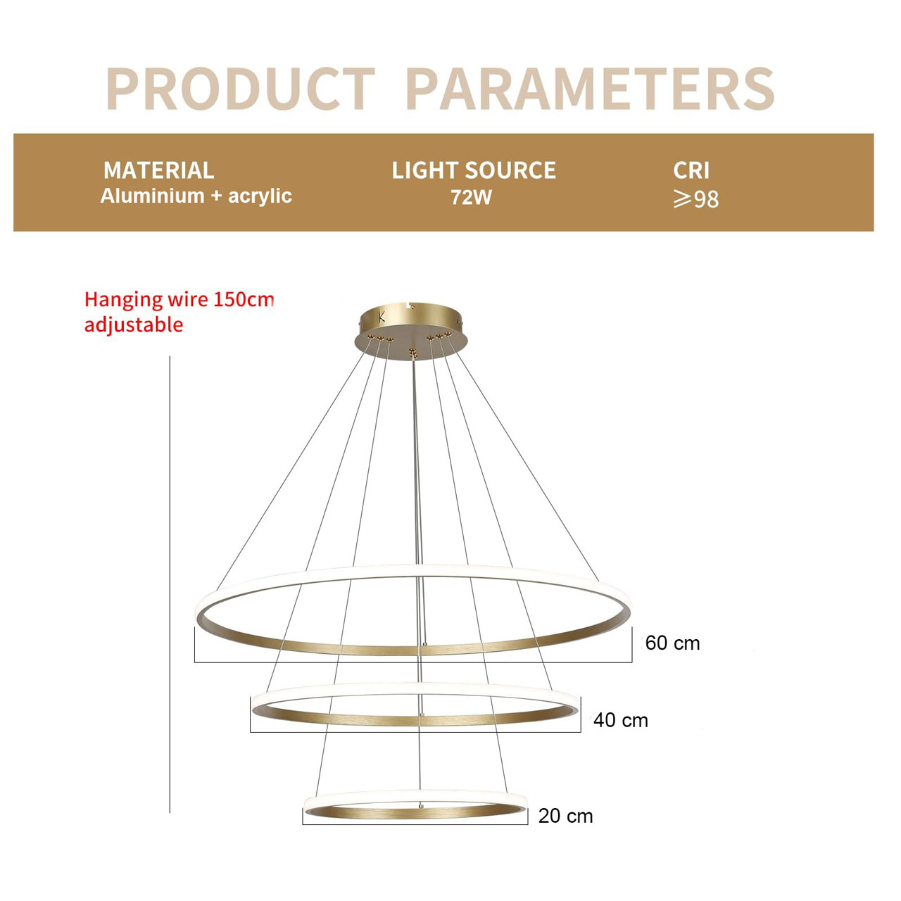 Lustre LED LBZ-00279 02 Candelabru LED circular 72W, 3 cercuri 20/40/60 cm, CCT, auriu
