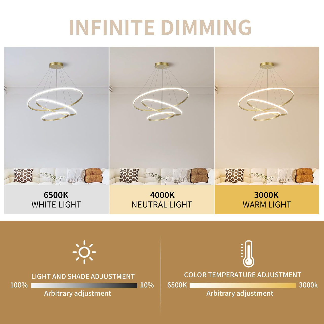 Lustre LED LBZ-00279 04 Candelabru LED circular 72W, 3 cercuri 20/40/60 cm, CCT, auriu