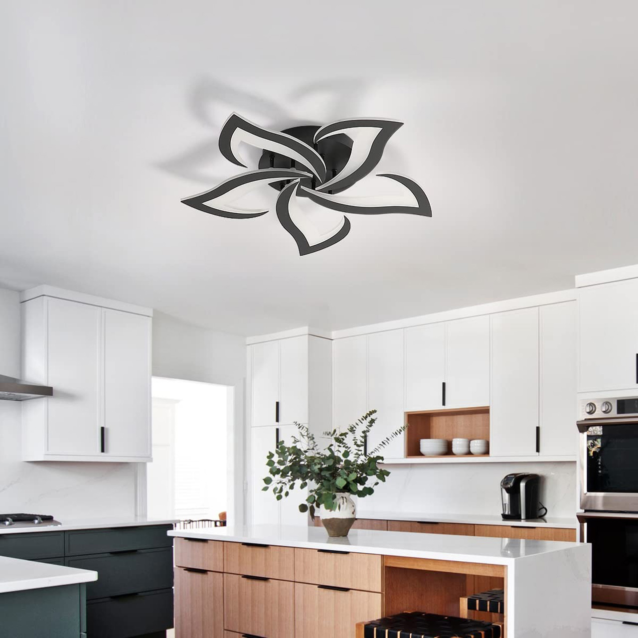 Lustră LED modernă cu design floral, 50W, 65 cm, lumină caldă/neutră/rece, neagră