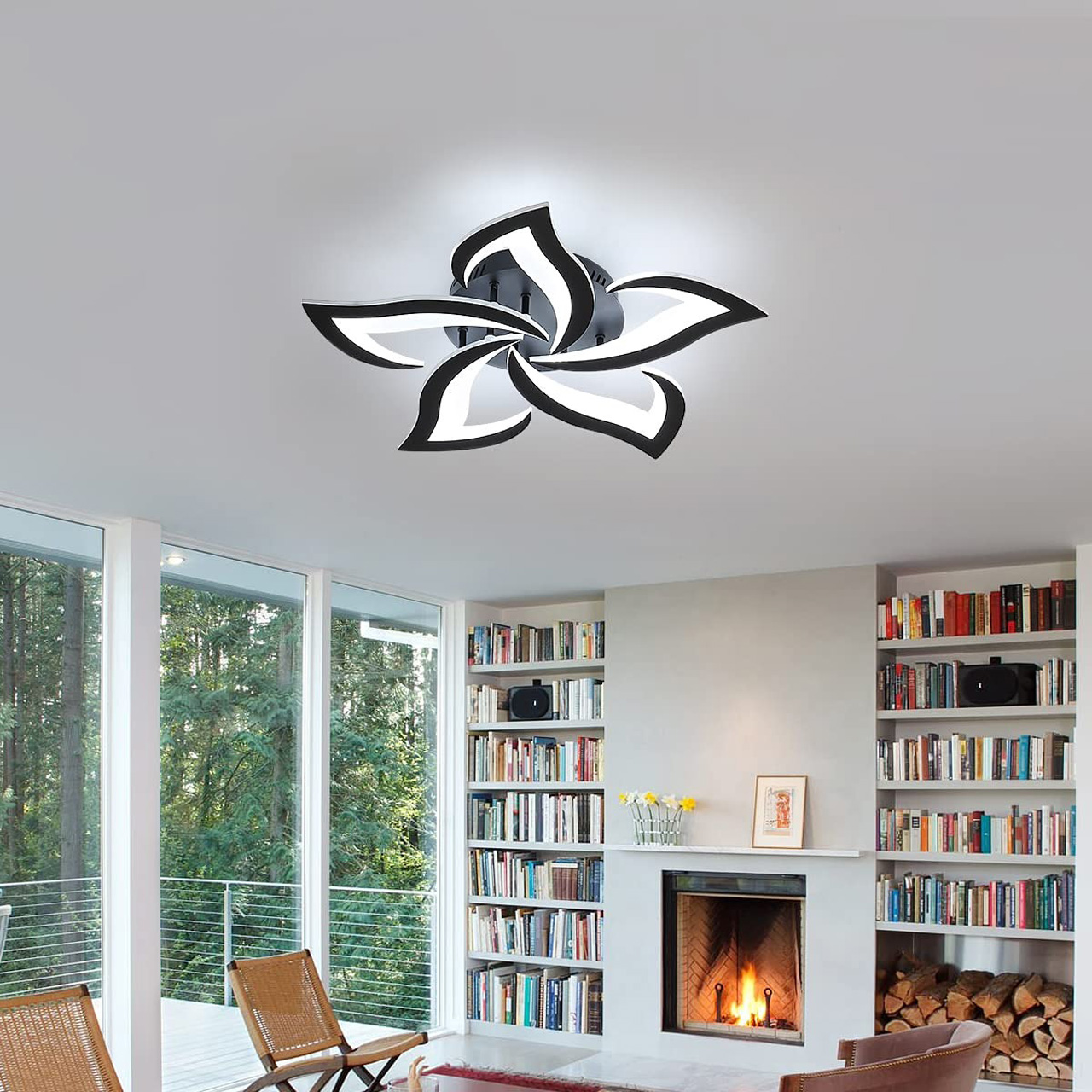 Lustră LED modernă cu design floral, 50W, 65 cm, lumină caldă/neutră/rece, neagră