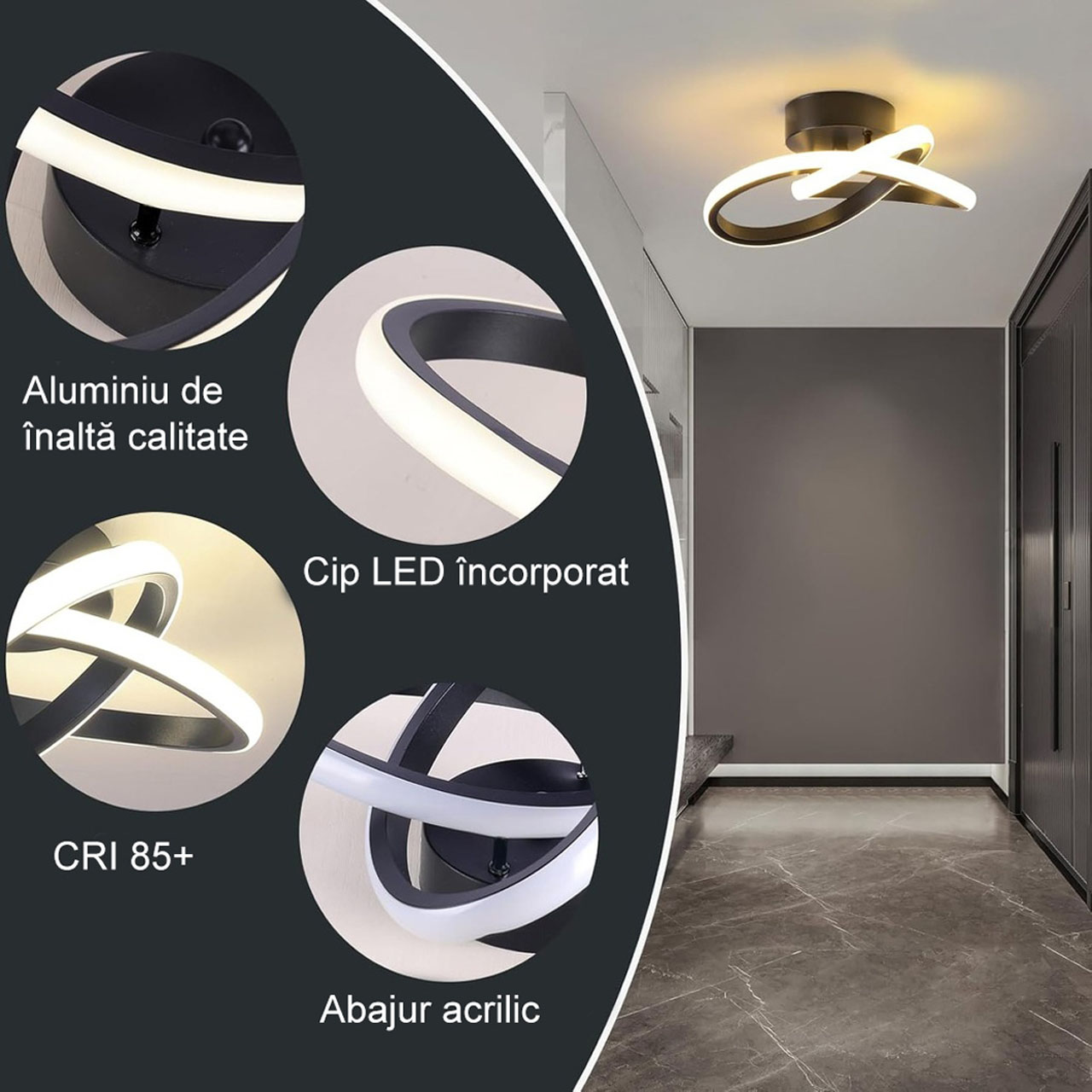 Lustre LED LBZ-00304 02 Lustră LED 20W tip spirală, lumină caldă/neutră/rece, design modern, neagră