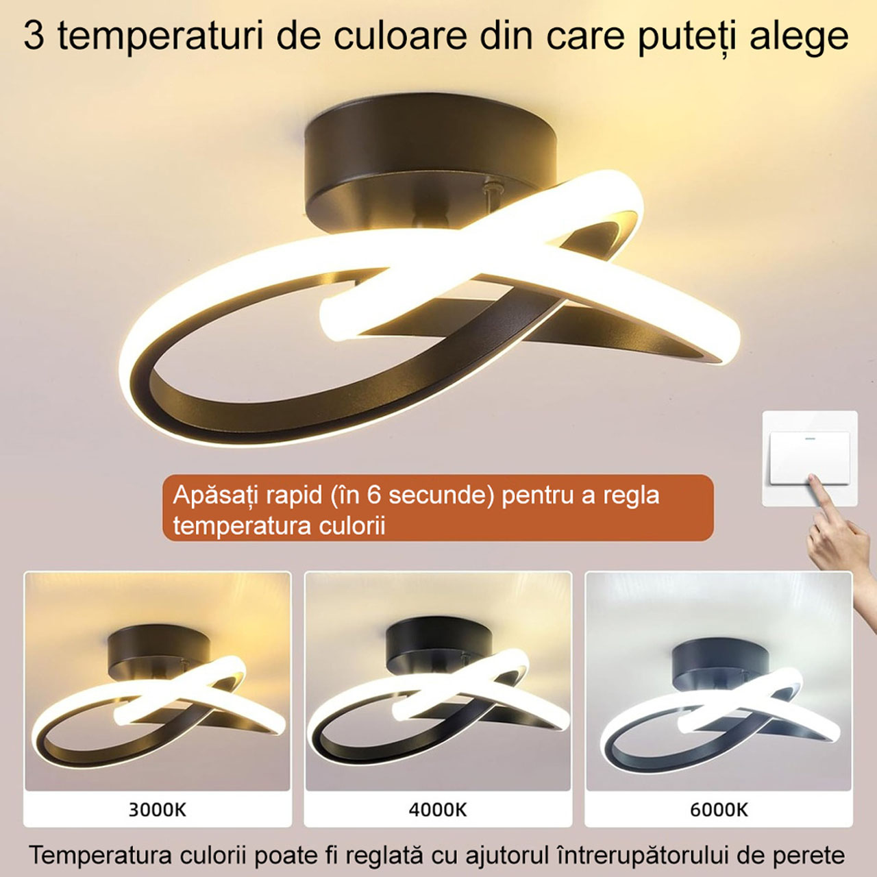 Lustre LED LBZ-00304 03 Lustră LED 20W tip spirală, lumină caldă/neutră/rece, design modern, neagră