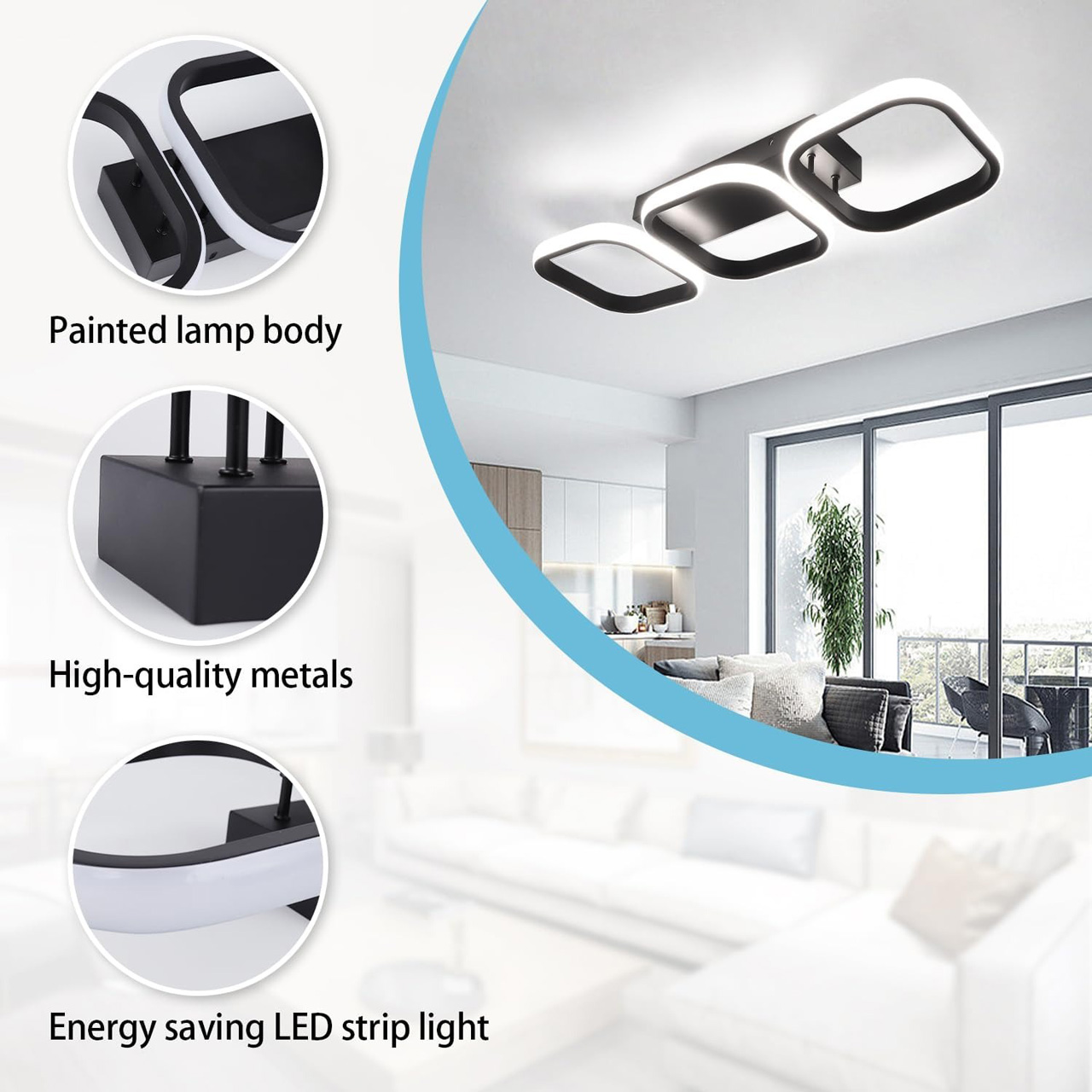Plafonieră LED cu 3 pătrate, 32W, lumină caldă/neutră/rece, neagră