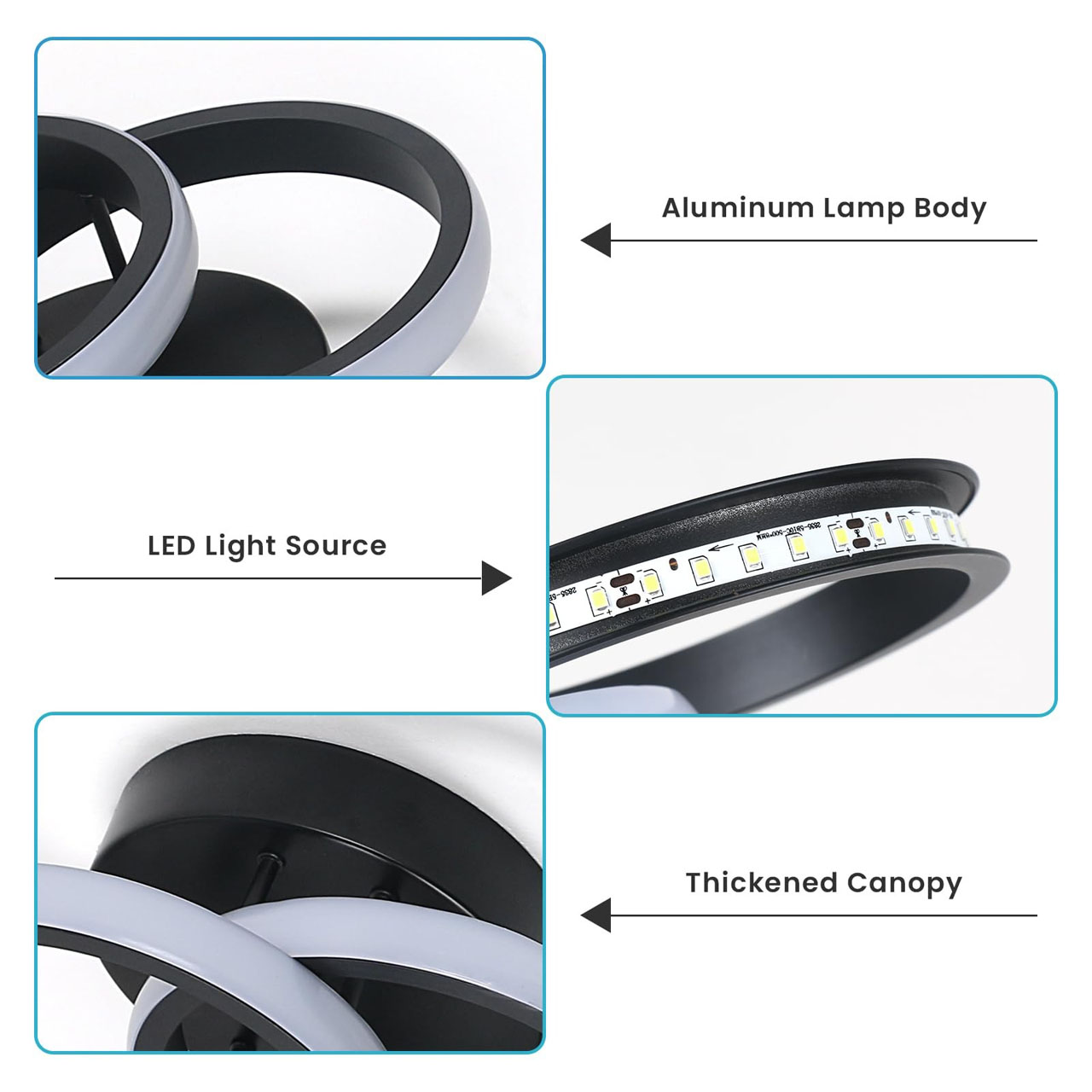 Lustră LED cu 2 cercuri, 20W, lumină caldă/neutră/rece, neagră