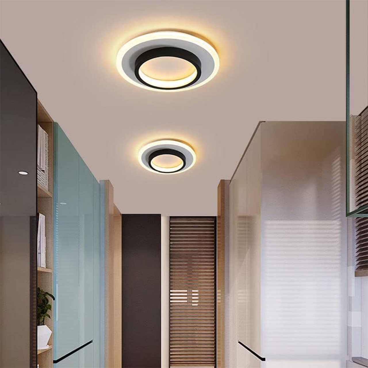 Lustră LED cu 2 cercuri, 20W, lumină caldă/neutră/rece, alb-negru