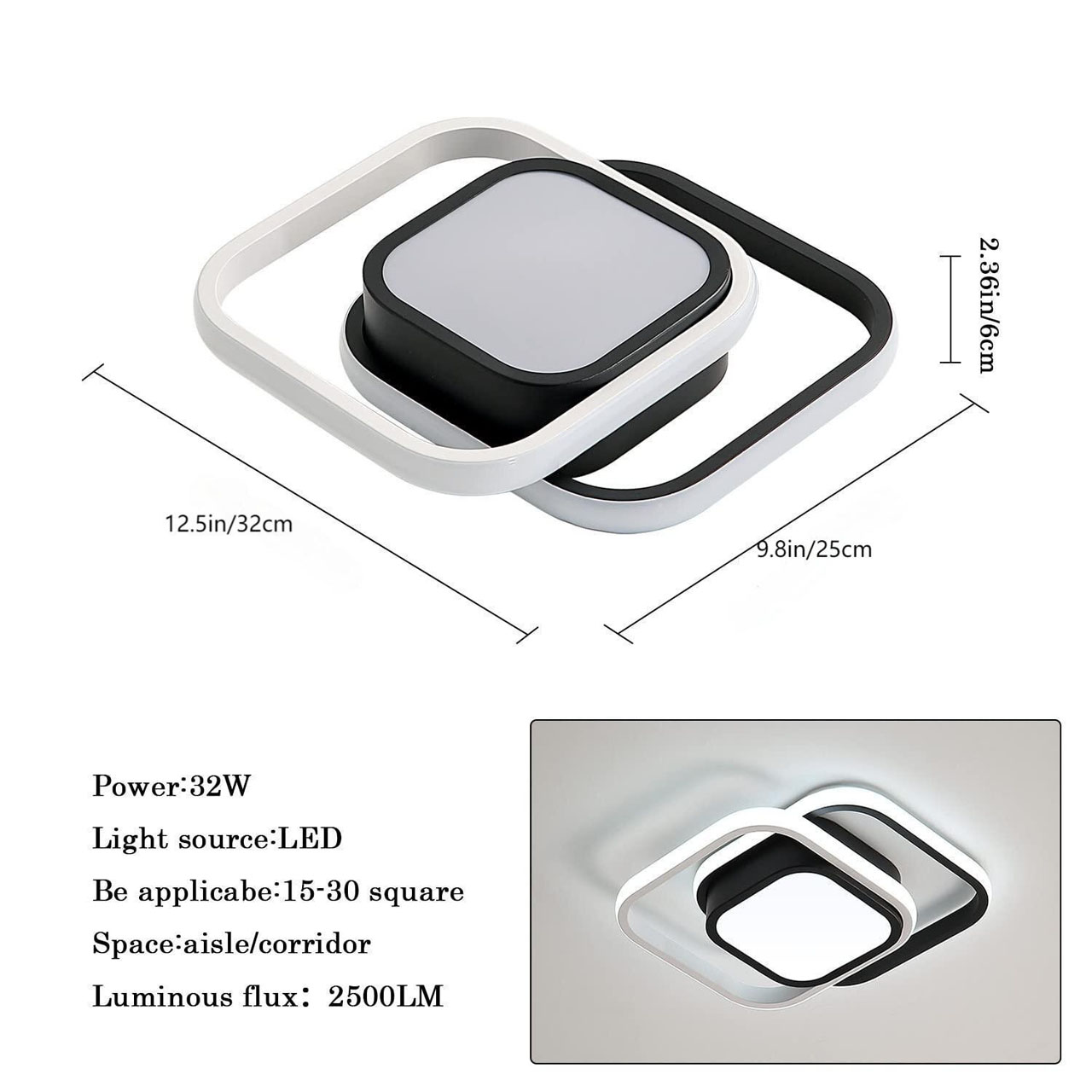 Lustre LED LBZ-00582 04 Lustră LED cu 3 pătrate, 20W, lumină caldă/neutră/rece, neagră