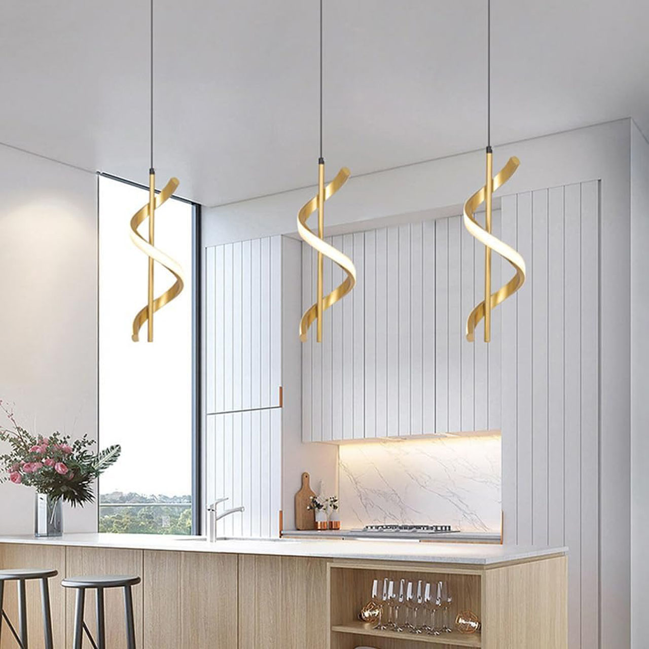 Lustre LED LBZ-00589 07 Pendul LED modern auriu, model spirala, 20W, lumina rece/neutra/calda, 180 cm