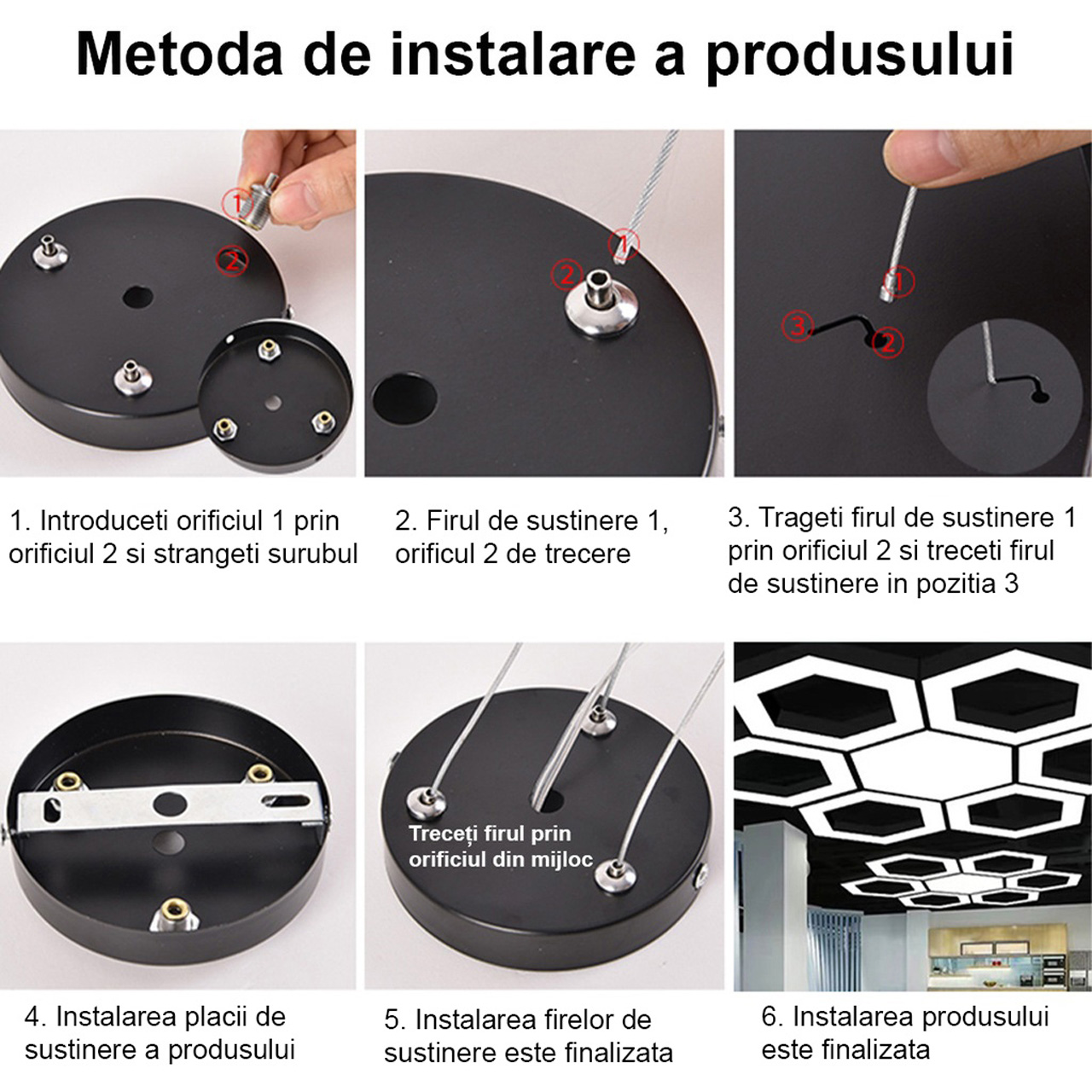 Plafonieră LED suspendată contur hexagonal 48W, 60 cm, lumină alb rece 6500K, neagră