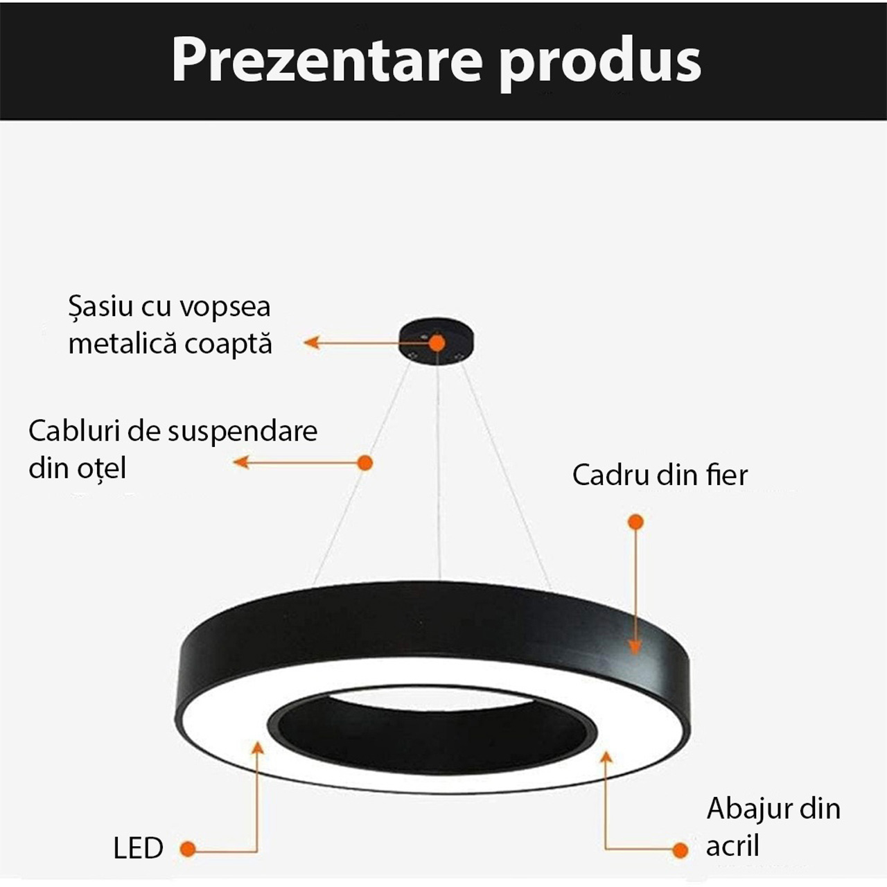 Plafoniera LED LBZ-00043 04 Plafonieră LED suspendată rotundă, contur gol, 48W, 60 cm, lumină alb rece 6500K, neagră
