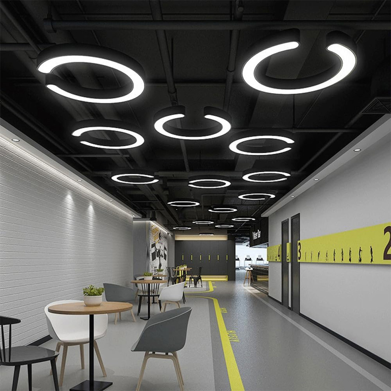 Plafonieră LED suspendată formă C 48W, 60 cm, lumină alb rece 6500K, neagră