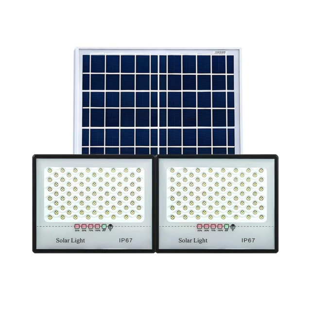 Set 2 proiectoare solare LED 200W cu panou solar, telecomandă, 322 LED-uri fiecare, IP67