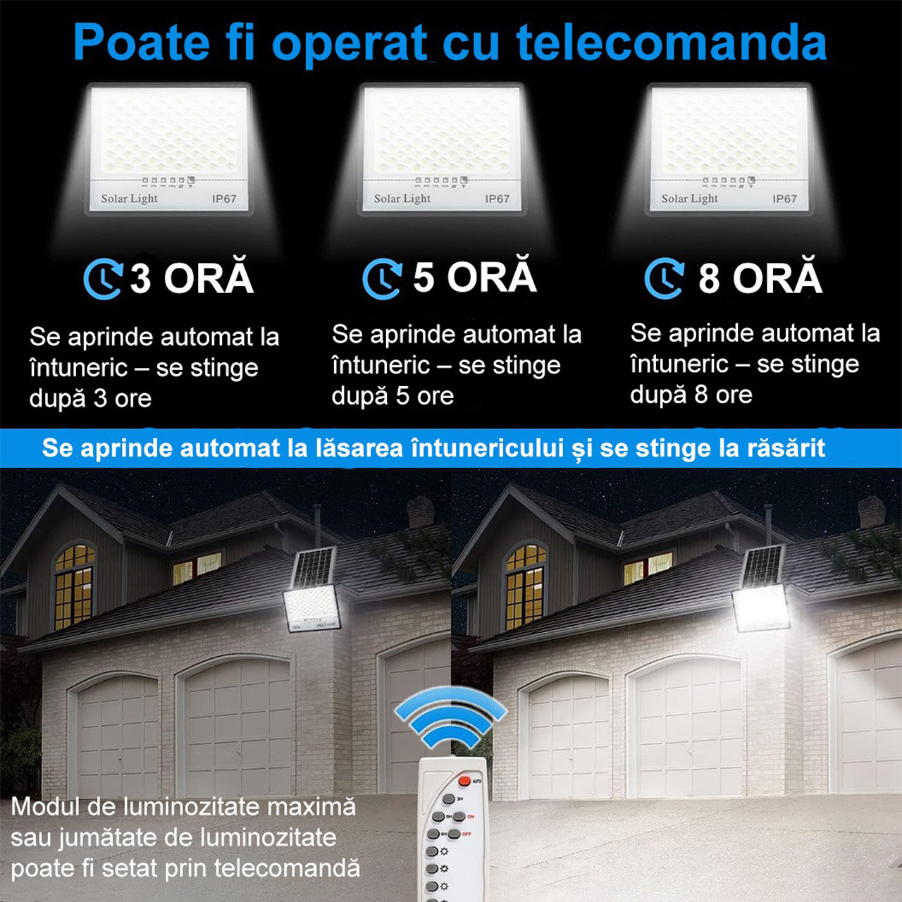 Set 2 proiectoare solare LED 200W cu panou solar, telecomandă, 322 LED-uri fiecare, IP67