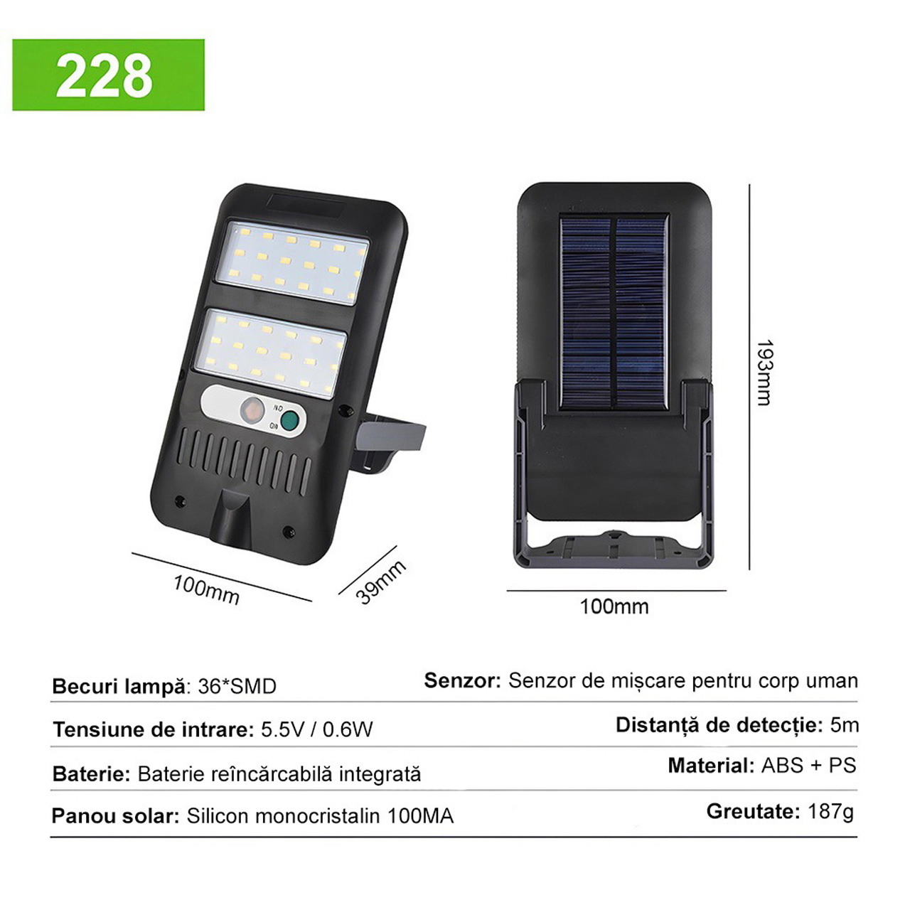 Lampă solară LED SMD de exterior cu senzor de mișcare, 36 LED-uri, model JX-228